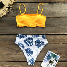 Load image into Gallery viewer, CUPSHE Yellow and Monstera Print Bandeau Bikini Sets High-waisted Swimsuit Two Pieces Swimwear Women 2020 Beach Bathing Suits
